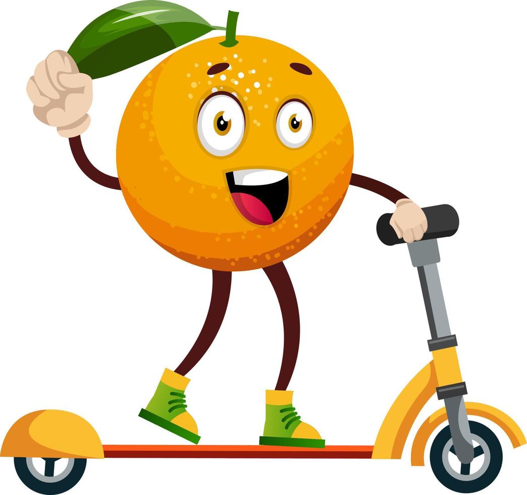 naranja con scooter, ilustración, vector sobre fondo blanco.