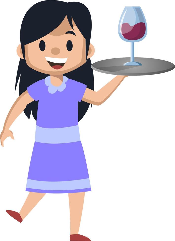 Girl serving wine, illustration, vector on white background.