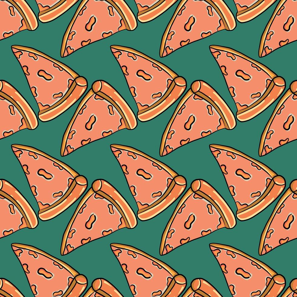 patrón de pizza, patrón sin costuras sobre fondo verde. vector