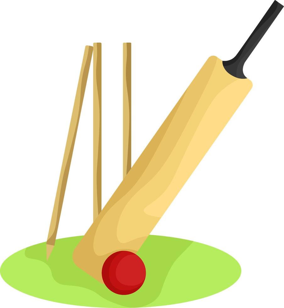 Bat and a ball on the grass, illustration, vector on white background