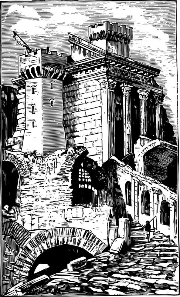Temple for Sol Invictus The ruins of the temple Aurelian vintage engraving. vector