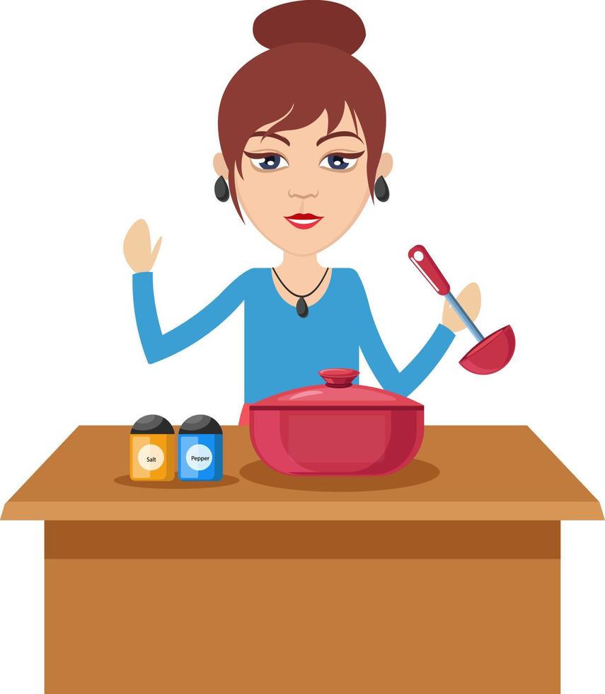 mujer cocinando, ilustración, vector sobre fondo blanco.