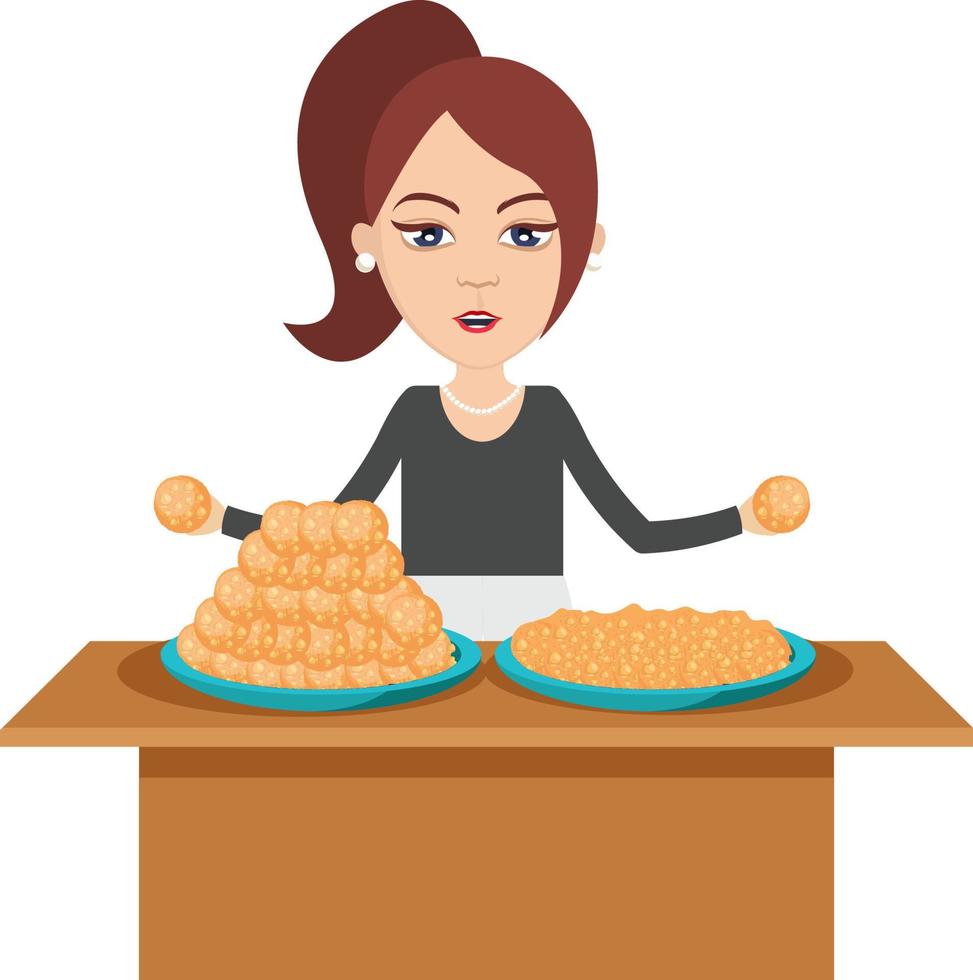 Woman making food, illustration, vector on white background.