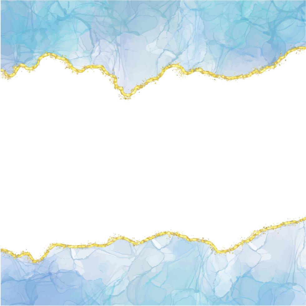 Blue Gradient Watercolor Alcohol Ink Border With Gold Glitter Dust Confetti vector