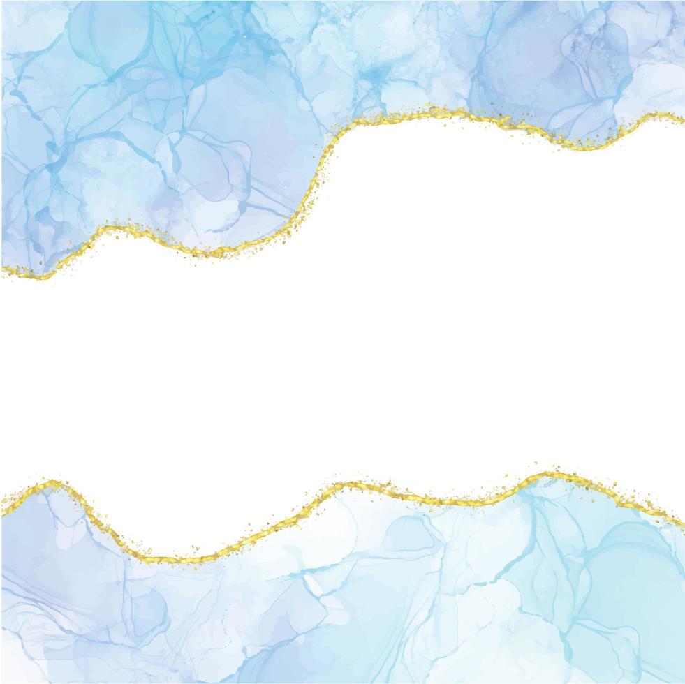 Blue Gradient Watercolor Alcohol Ink Border With Gold Glitter Dust Confetti vector