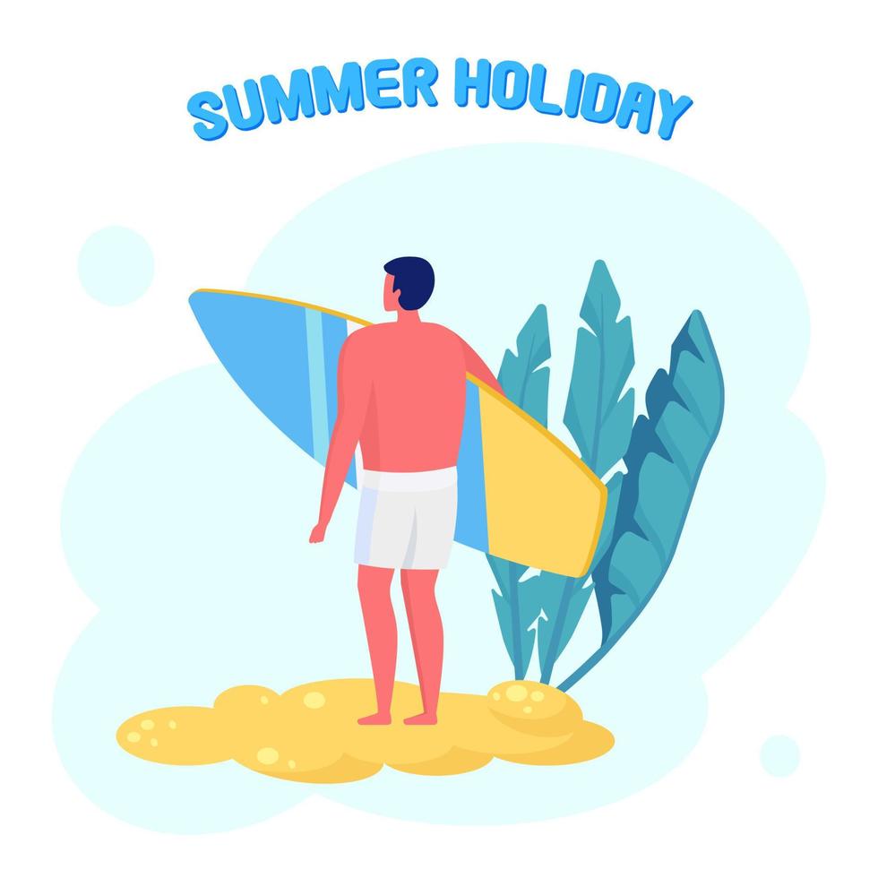 Man standing with surfboard. Surfer in beachwear on beach. Funny surfer. Summer holiday, vacation, extreme sport. Surfing concept. vector