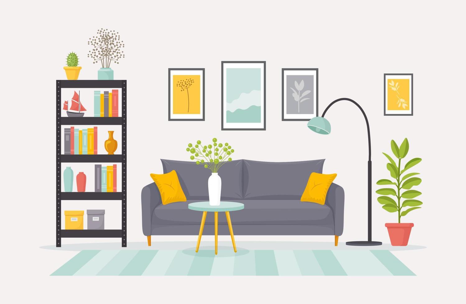 Living room with ornate sofa, picture, carpet, pillow, rug. Lounge with luxury furniture, couch vector