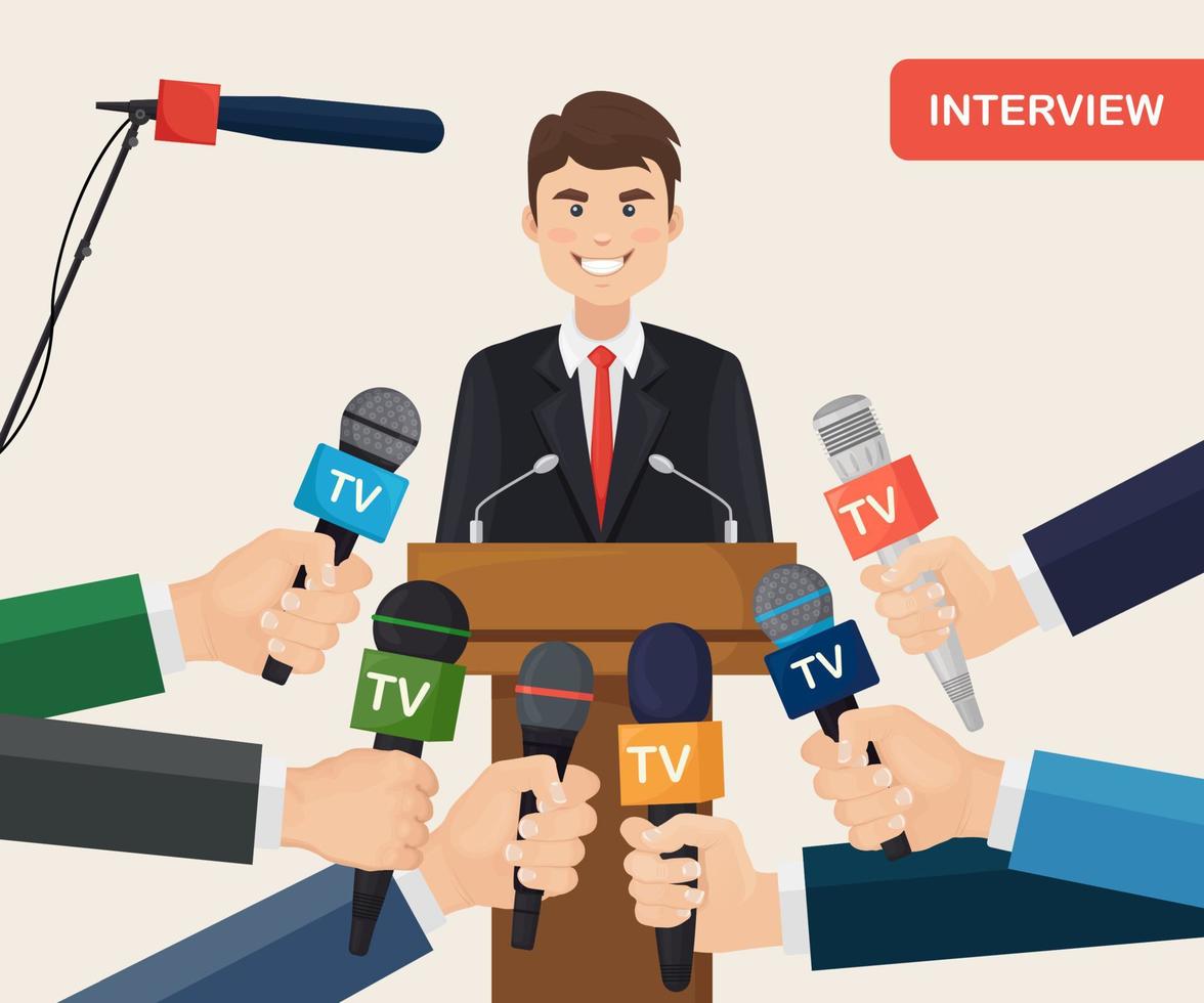 Public speaker and hands of reporters with tv microphones. Breaking news, press conference, mass media, journalism, interview concept vector