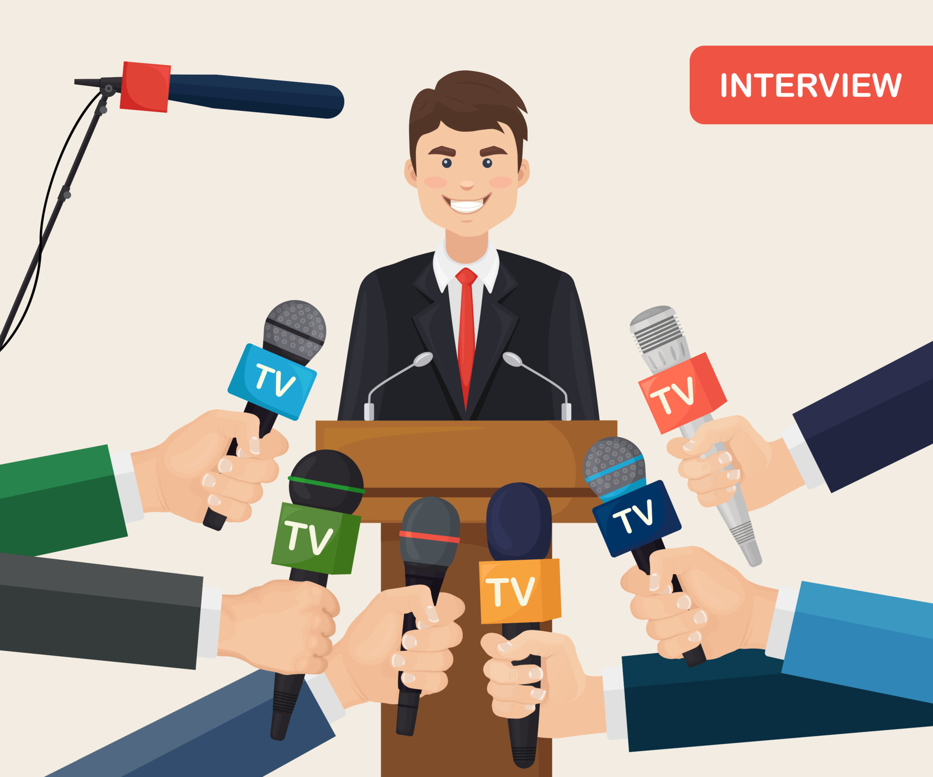 Public speaker and hands of reporters with tv microphones Breaking Public speaker and hands of reporters with tv microphones Breaking