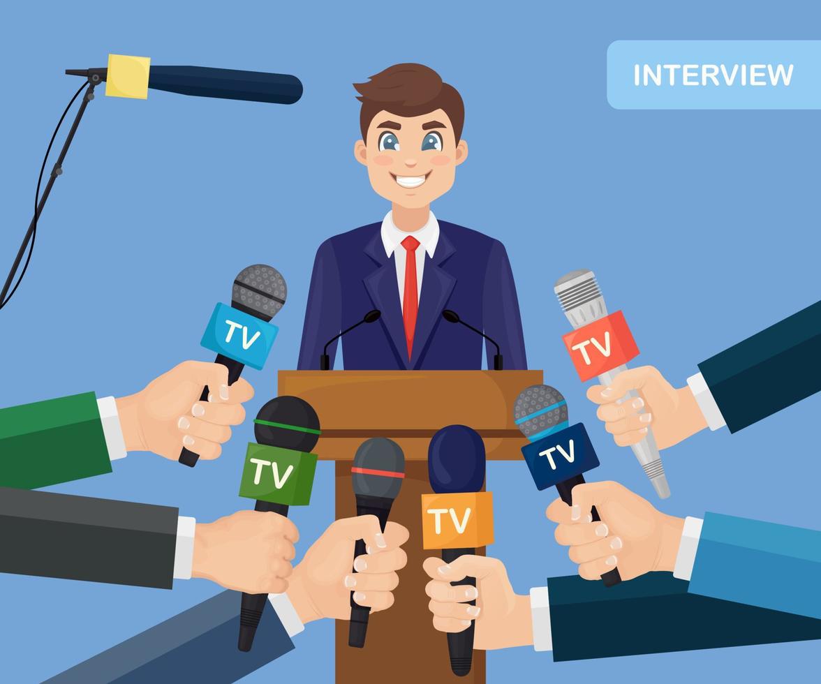micrófonos en manos de reporteros en conferencia de prensa o entrevista vector