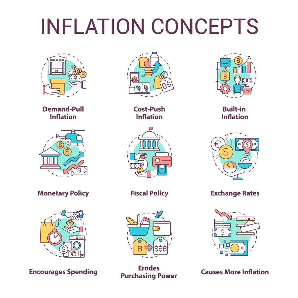 Inflation concept icons set. Types and causes. Increasing prices. Purchasing power idea thin line color illustrations. Isolated symbols. Editable stroke. vector