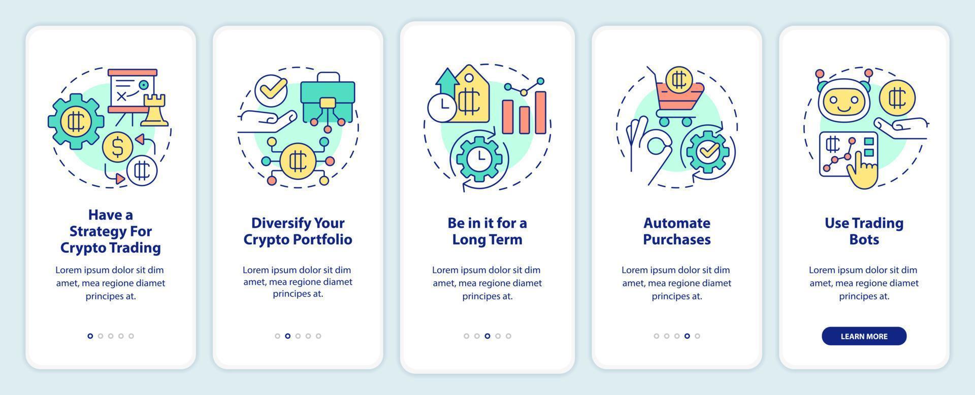 Cryptocurrency tips onboarding mobile app screen. Making money walkthrough 5 steps editable graphic instructions with linear concepts. UI, UX, GUI template. vector