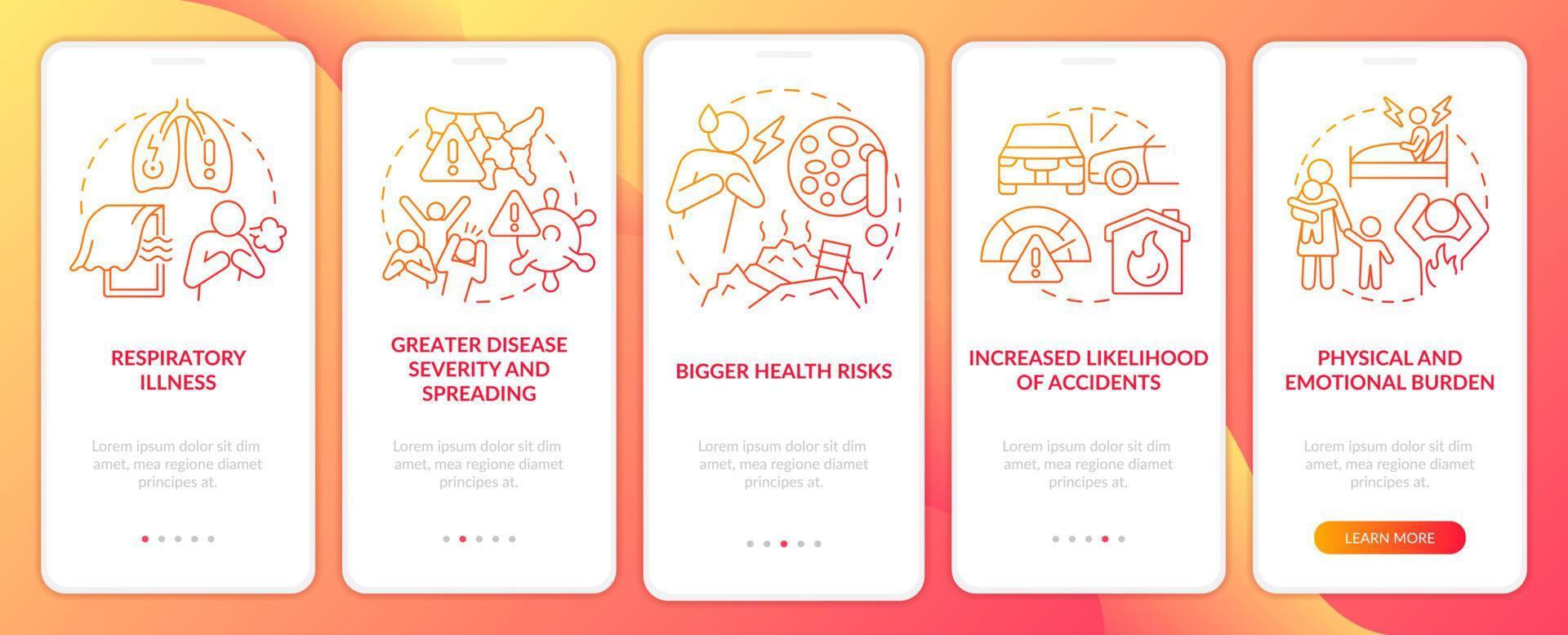 Health effects of overcrowding red gradient onboarding mobile app screen. Walkthrough 5 steps graphic instructions with linear concepts. UI, UX, GUI template. vector