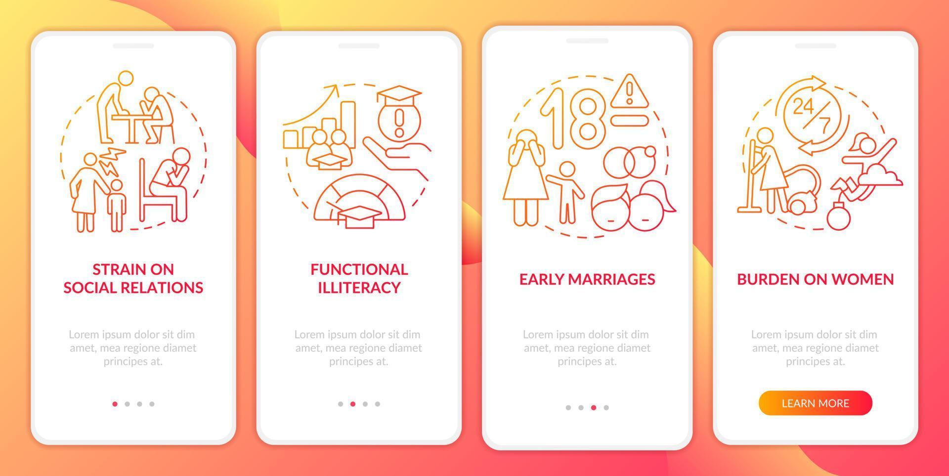 Social effects of overcrowding red gradient onboarding mobile app screen. Walkthrough 4 steps graphic instructions with linear concepts. UI, UX, GUI template. vector