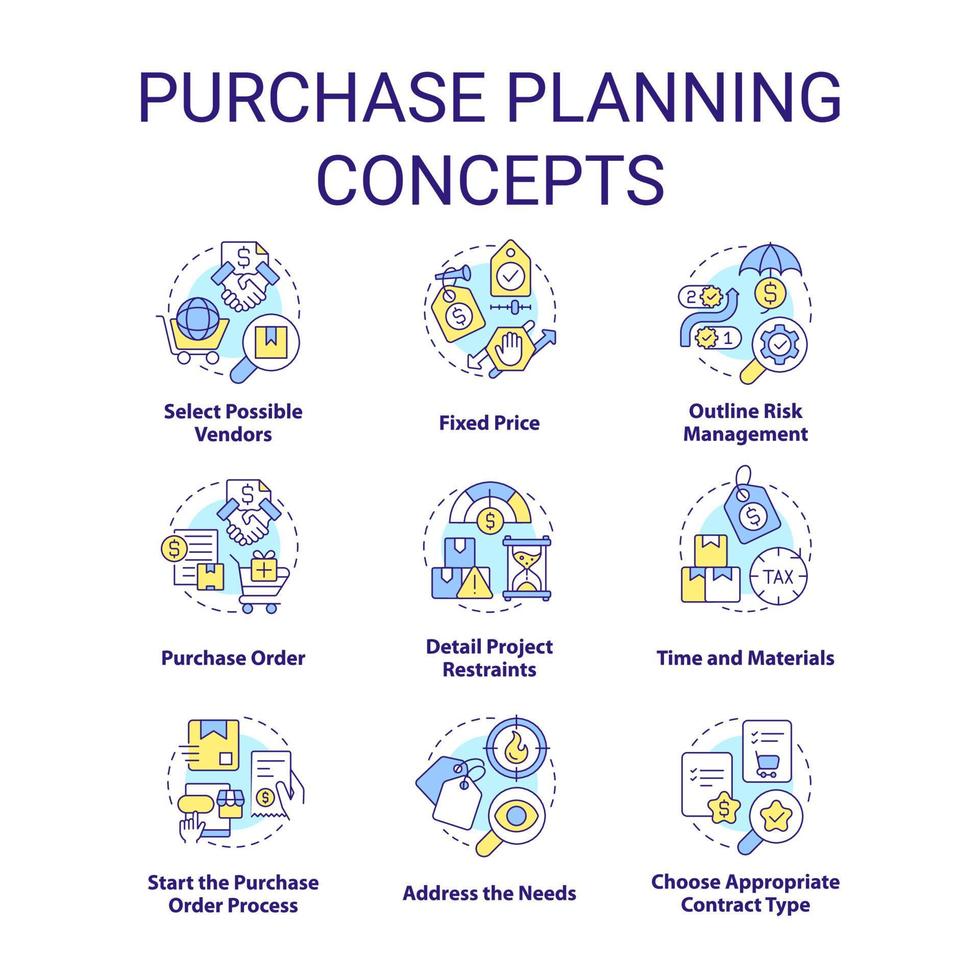Purchase planning concept icons set. Procurement order process idea thin line color illustrations. Risk management. Isolated symbols. Editable stroke. vector