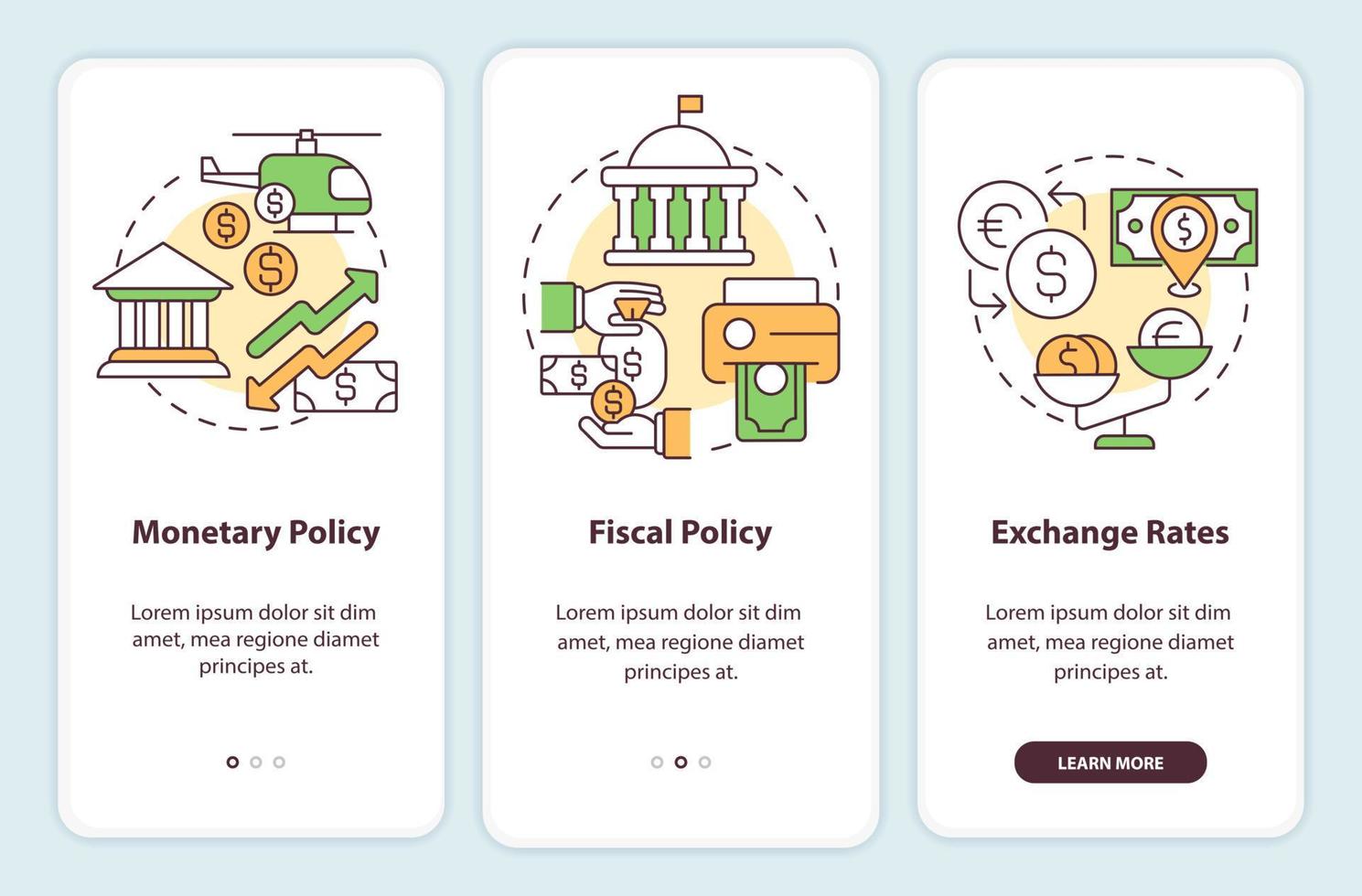 la inflación provoca la incorporación de la pantalla de la aplicación móvil. tutorial de crisis económica 3 pasos instrucciones gráficas editables con conceptos lineales. interfaz de usuario, ux, plantilla de interfaz gráfica de usuario. vector