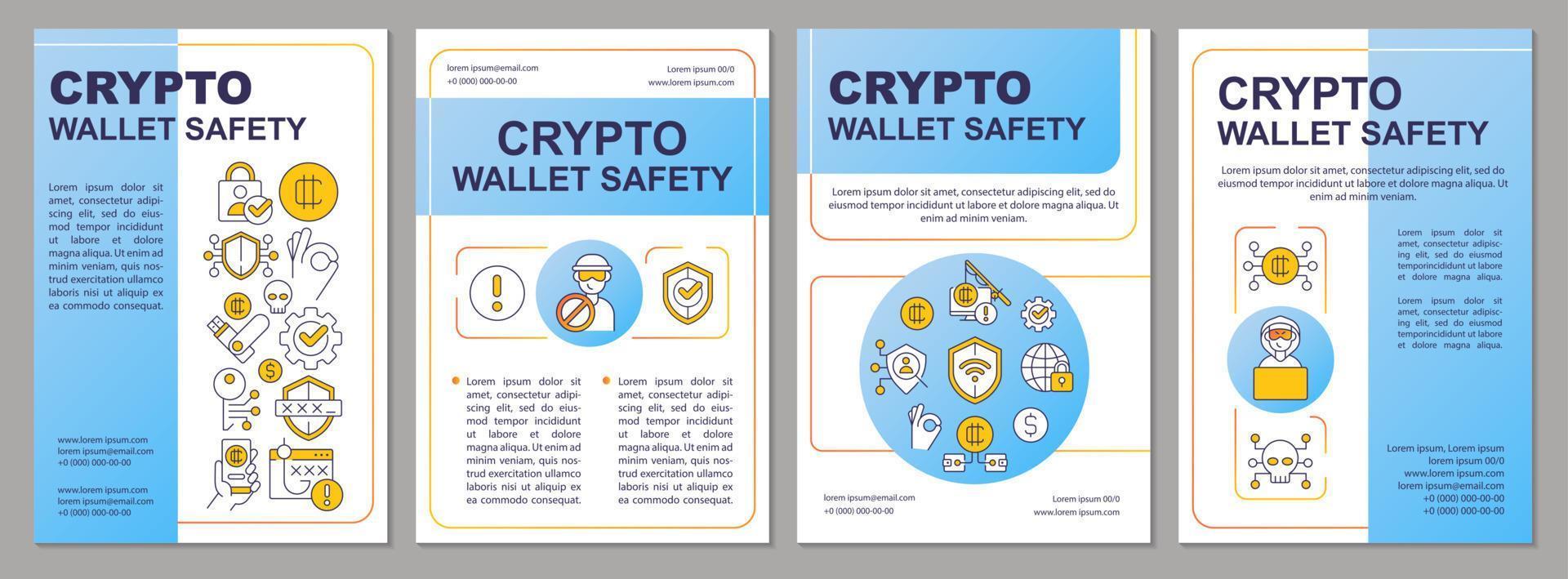 Safety of crypto wallet blue brochure template. Coins storage. Leaflet design with linear icons. Editable 4 vector layouts for presentation, annual reports.