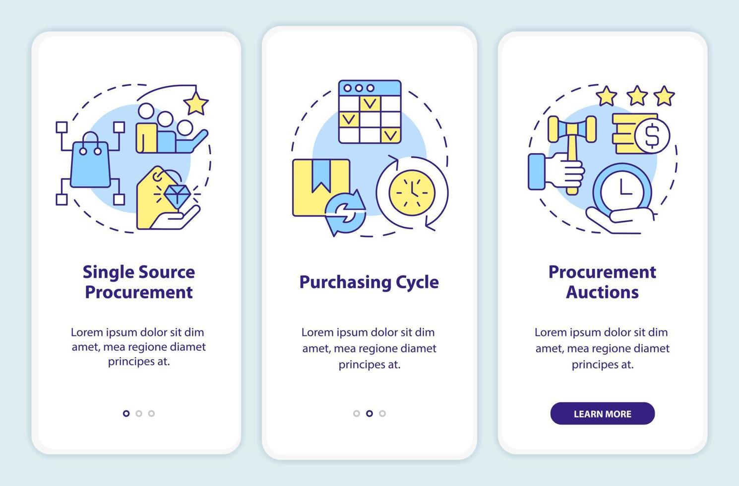Procurement strategy examples onboarding mobile app screen. Auctions walkthrough 3 steps editable graphic instructions with linear concepts. UI, UX, GUI template. vector