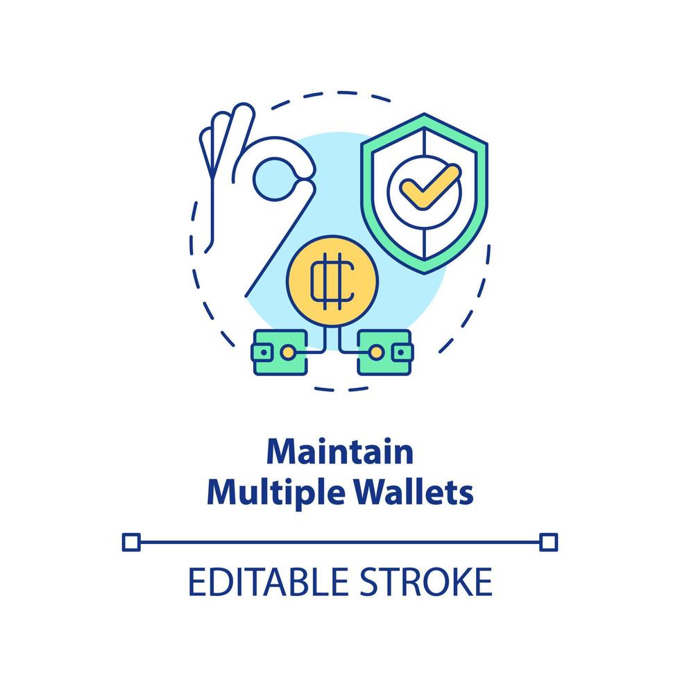 Maintain multiple wallets concept icon. Diversified investment. Cryptosecurity abstract idea thin line illustration. Isolated outline drawing. Editable stroke. vector