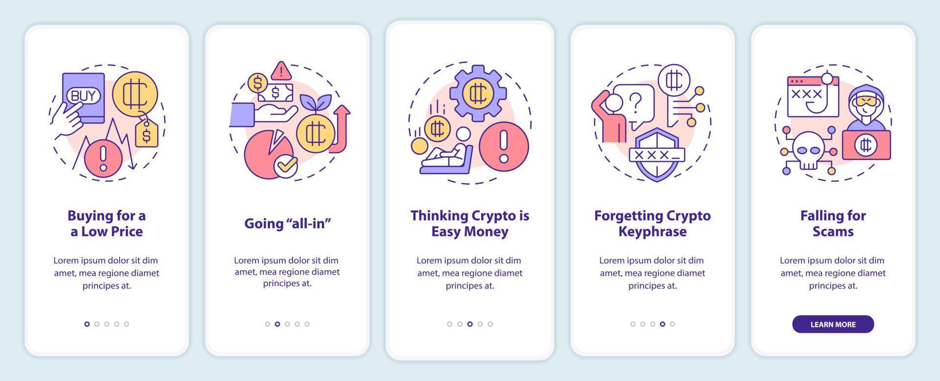 Common crypto mistakes onboarding mobile app screen. Beginner fails walkthrough 5 steps editable graphic instructions with linear concepts. UI, UX, GUI template. vector