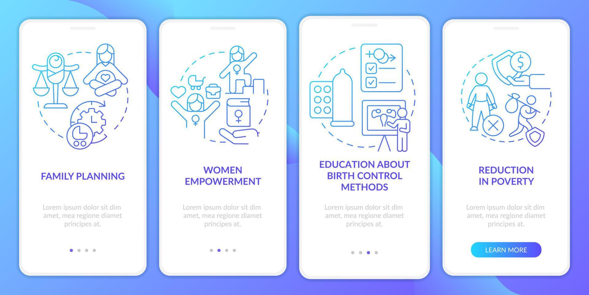 Solutions to overpopulation blue gradient onboarding mobile app screen. Walkthrough 4 steps graphic instructions with linear concepts. UI, UX, GUI template. vector