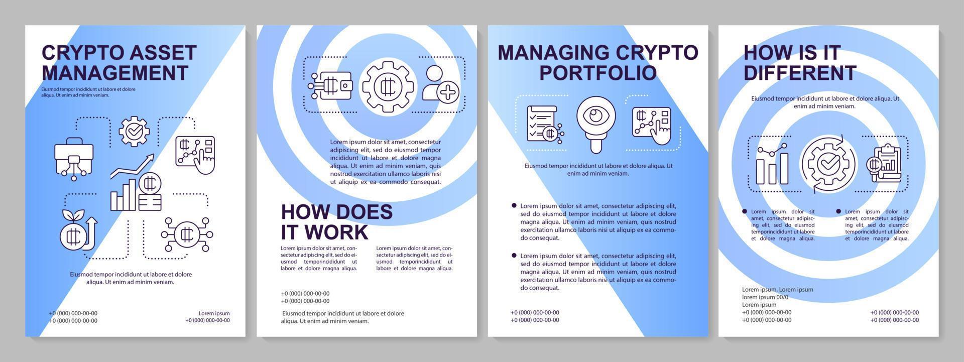 Management of crypto asset blue brochure template. Blockchain. Leaflet design with linear icons. Editable 4 vector layouts for presentation, annual reports.
