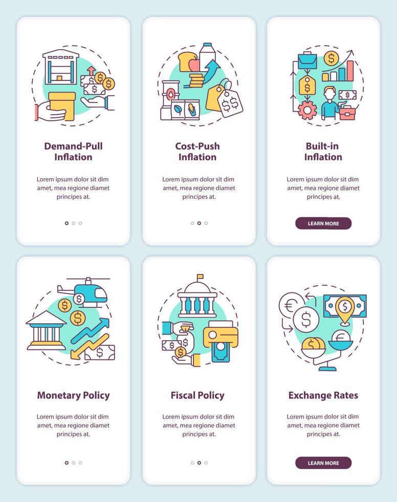 tipos de inflación y causas conjunto de pantalla de aplicación móvil de incorporación. tutorial 3 pasos instrucciones gráficas editables con conceptos lineales. interfaz de usuario, ux, plantilla de interfaz gráfica de usuario. vector