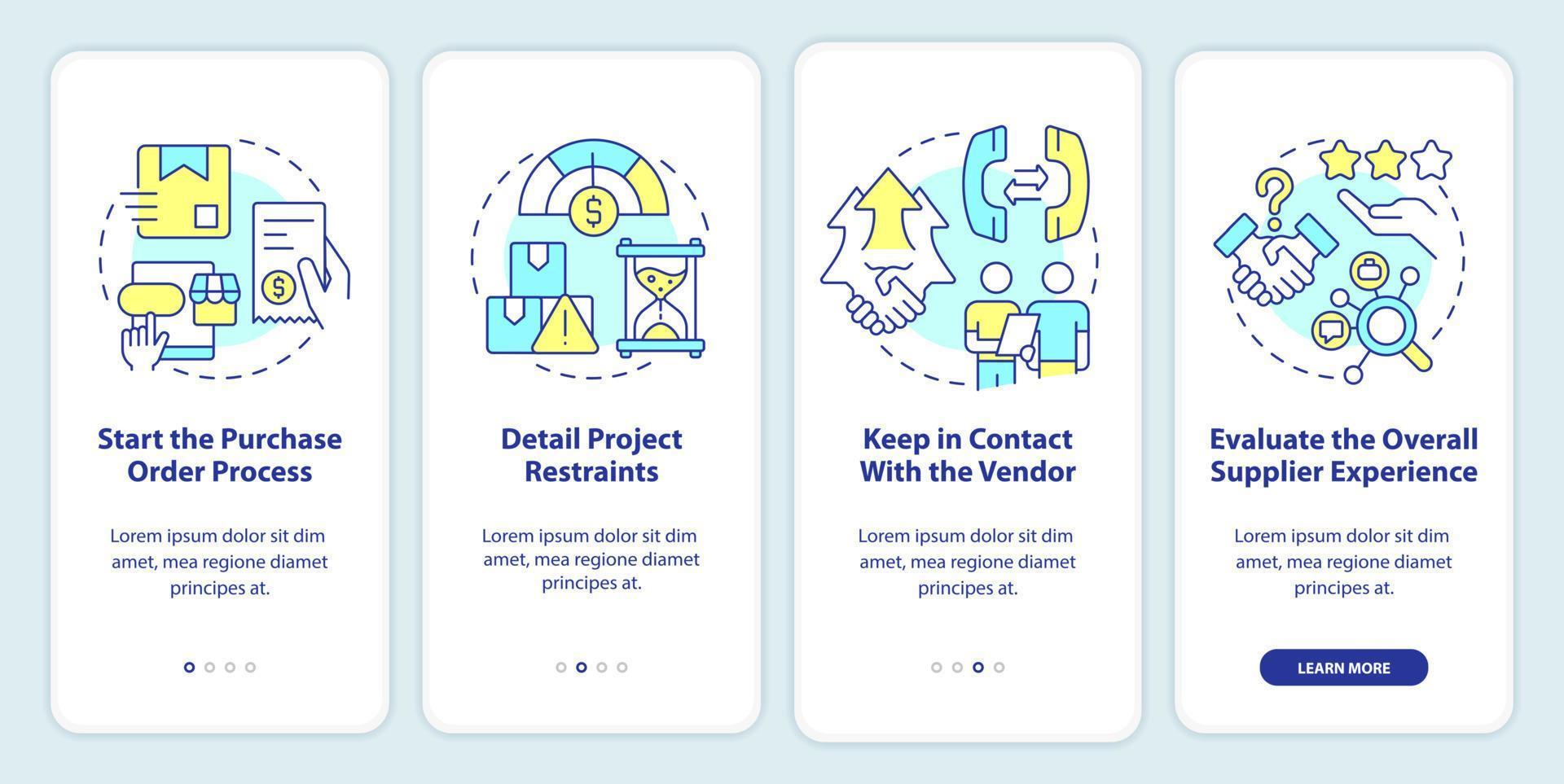 Steps for procurement planning onboarding mobile app screen. Ordering walkthrough 4 steps editable graphic instructions with linear concepts. UI, UX, GUI template. vector