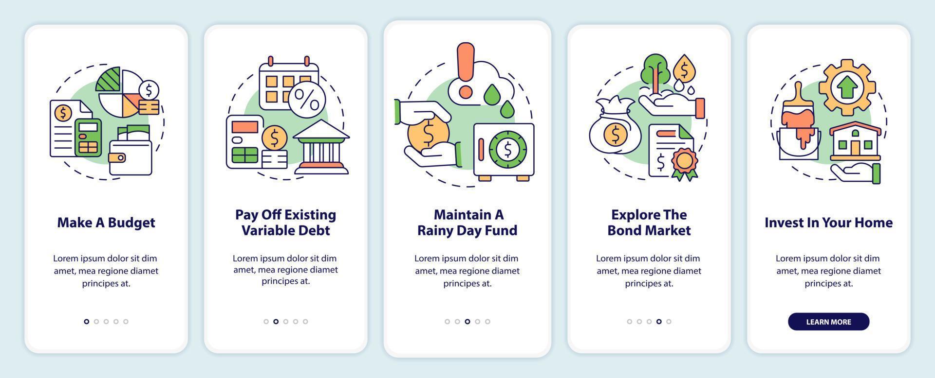 proteger el dinero durante la inflación al incorporar la pantalla de la aplicación móvil. tutorial 5 pasos instrucciones gráficas editables con conceptos lineales. interfaz de usuario, ux, plantilla de interfaz gráfica de usuario. vector