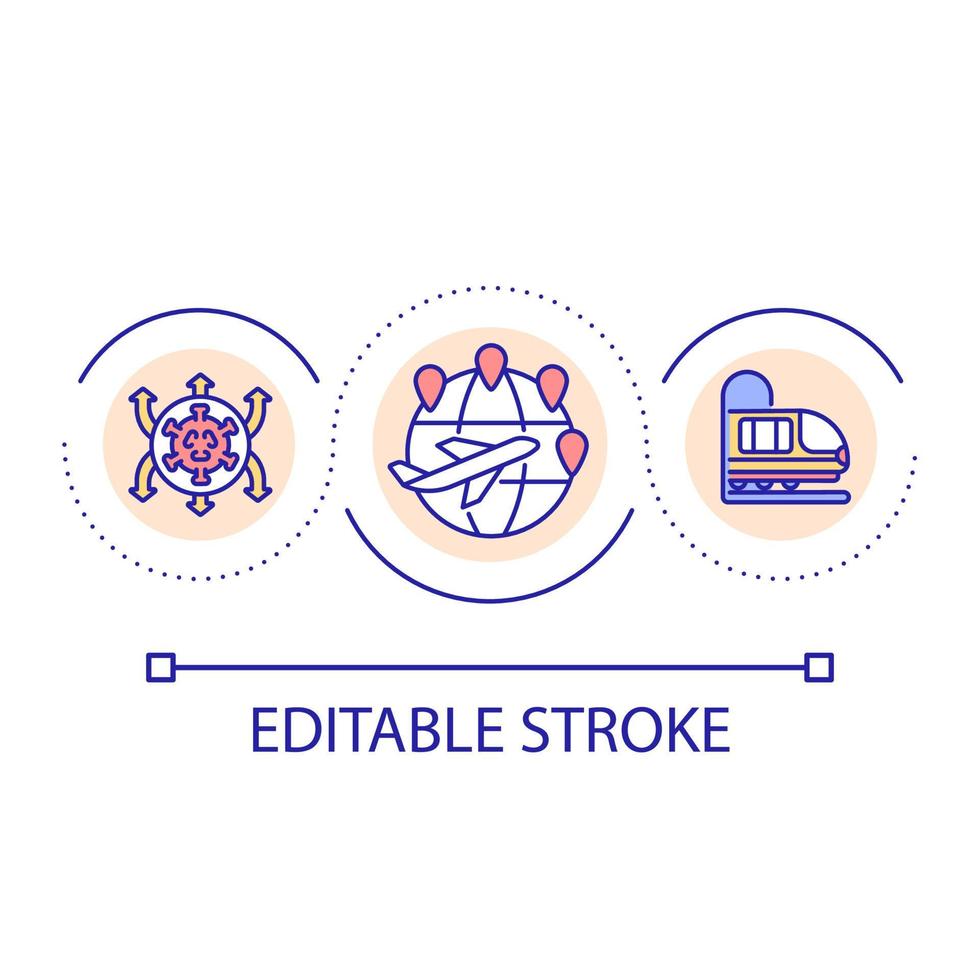 Travelling and tourism loop concept icon. Virus spreading. Contagious infection outbreak abstract idea thin line illustration. Isolated outline drawing. Editable stroke. vector