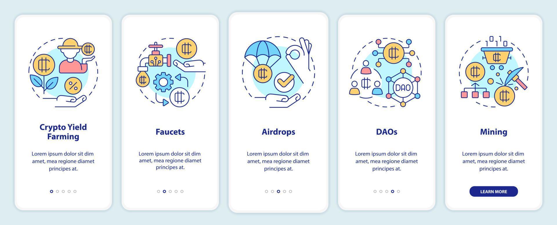 formas de ganar dinero en la pantalla de la aplicación móvil de incorporación de criptomonedas. tutorial 5 pasos instrucciones gráficas editables con conceptos lineales. interfaz de usuario, ux, plantilla de interfaz gráfica de usuario. vector