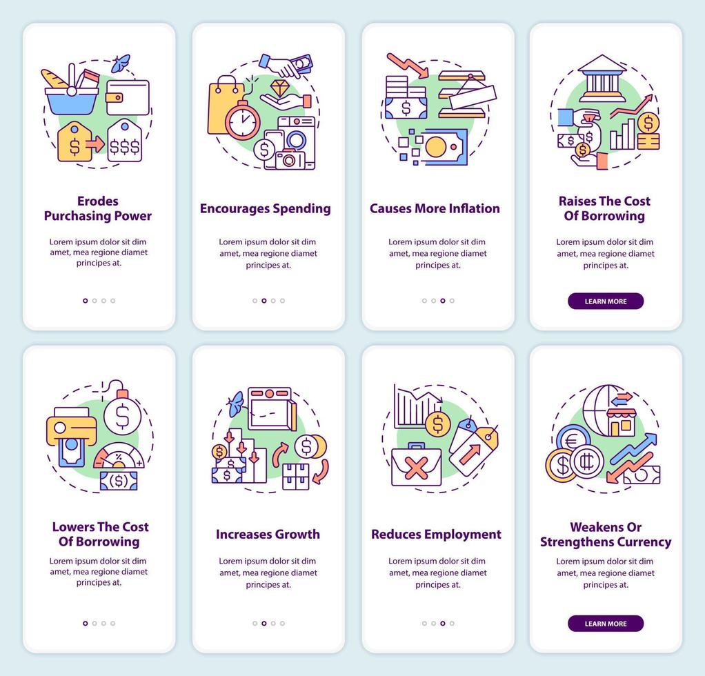 consecuencias de la inflación al incorporar el conjunto de pantalla de la aplicación móvil. tutorial 4 pasos instrucciones gráficas editables con conceptos lineales. interfaz de usuario, ux, plantilla de interfaz gráfica de usuario. vector