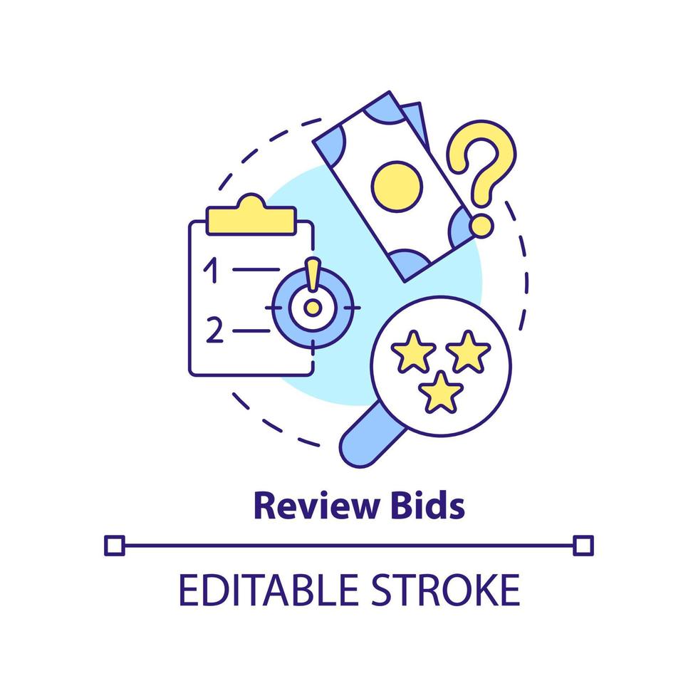 Review bids concept icon. Procurement management plan abstract idea thin line illustration. Preliminary examination. Isolated outline drawing. Editable stroke. vector