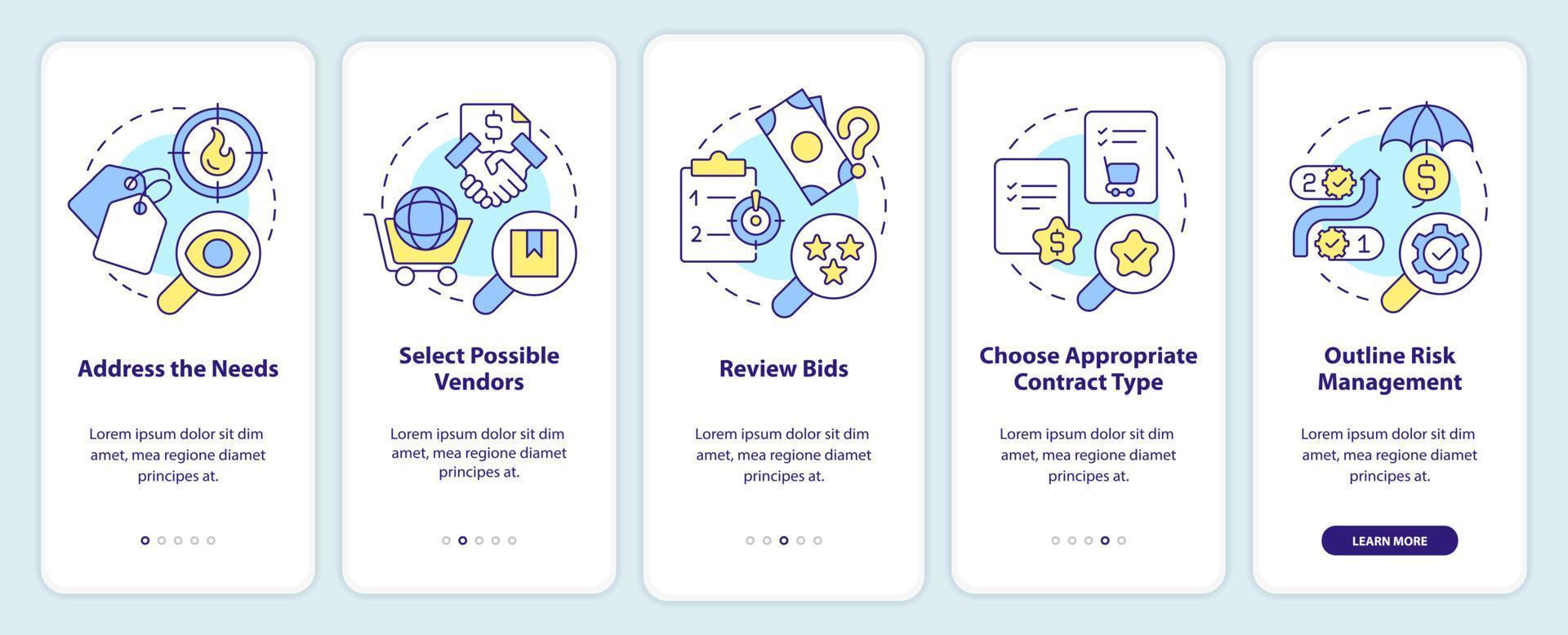 Steps of procurement process onboarding mobile app screen. Review bids walkthrough 5 steps editable graphic instructions with linear concepts. UI, UX, GUI template. vector