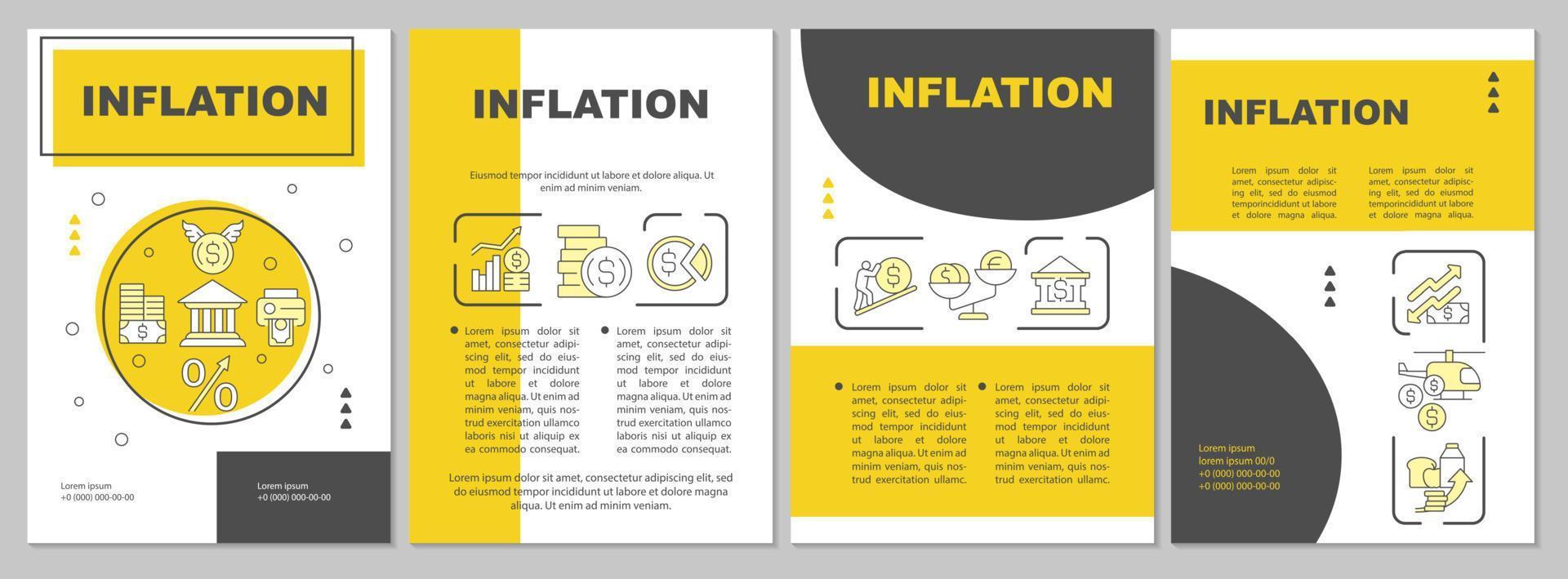 plantilla de folleto amarillo de inflación. valor de la moneda diseño de folletos con iconos lineales. 4 diseños vectoriales editables para presentación, informes anuales. vector