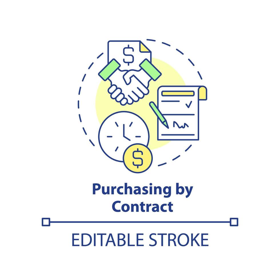 Purchasing by contract concept icon. Purchase order in business abstract idea thin line illustration. Contractual relation. Isolated outline drawing. Editable stroke. vector