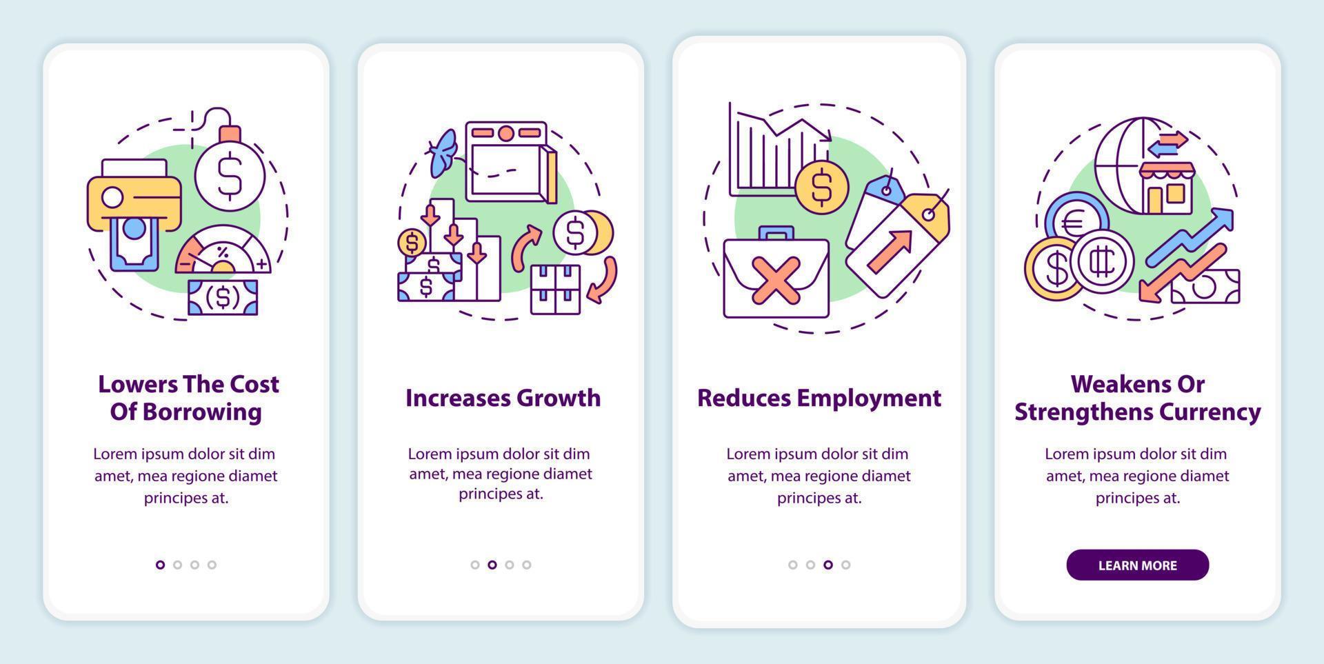 Negative effects of inflation onboarding mobile app screen. Walkthrough 4 steps editable graphic instructions with linear concepts. UI, UX, GUI template. vector