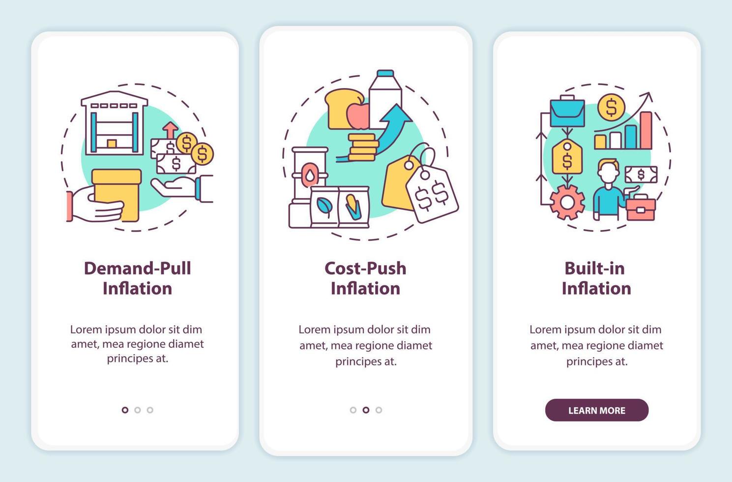 tipos de inflación que incorporan la pantalla de la aplicación móvil. Tutorial de aumento de precios en 3 pasos con instrucciones gráficas editables con conceptos lineales. interfaz de usuario, ux, plantilla de interfaz gráfica de usuario. vector