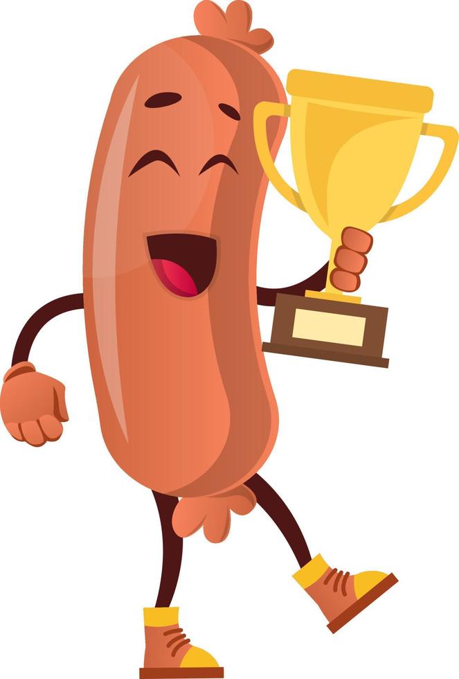 Sausage holding trophy, illustration, vector on white background.