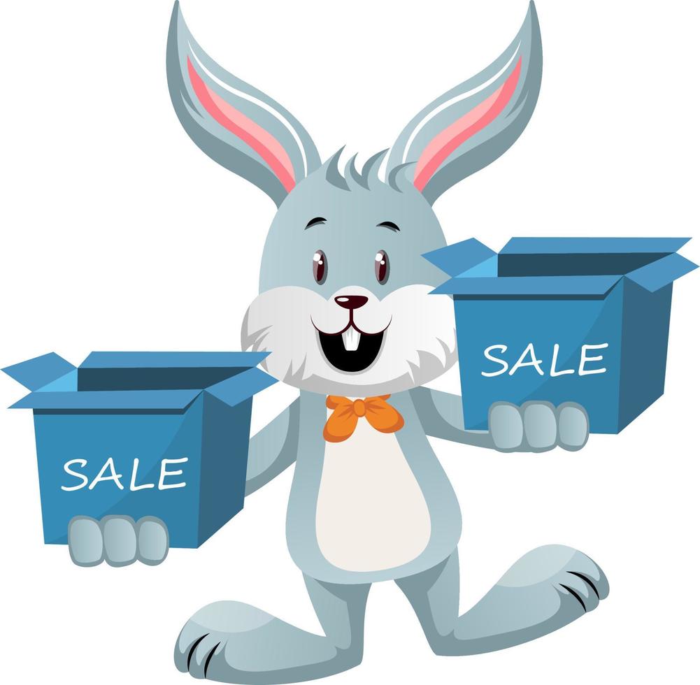 Bunny con caja de venta, ilustración, vector sobre fondo blanco.