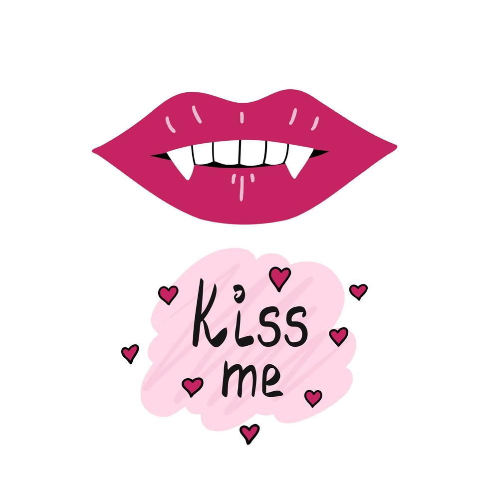 Lips with fangs, kiss me lettering. Illustration for backgrounds, covers and packaging. Image can be used for greeting cards, posters, stickers and textile. Isolated on white background. vector