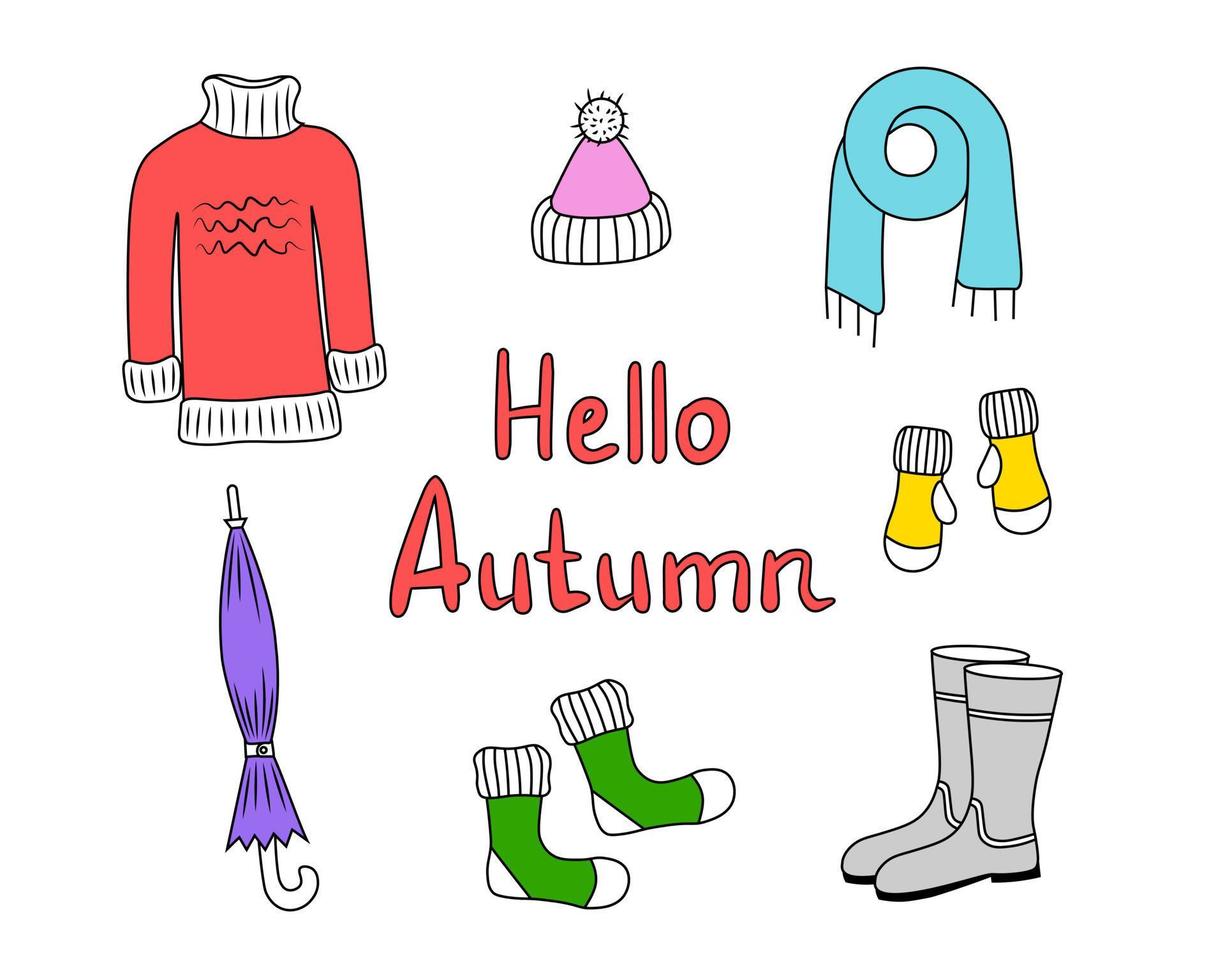 hola otoño, ropa de abrigo. ilustración para impresión, fondos, cubiertas y embalaje. la imagen se puede utilizar para tarjetas de felicitación, carteles, pegatinas y textiles. aislado sobre fondo blanco. vector