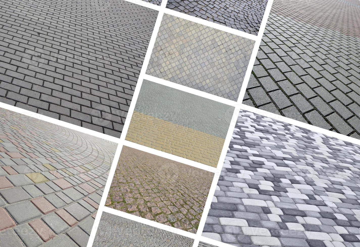 A collage of many pictures with fragments of paving tiles close-up. Set of images with pavement stone photo