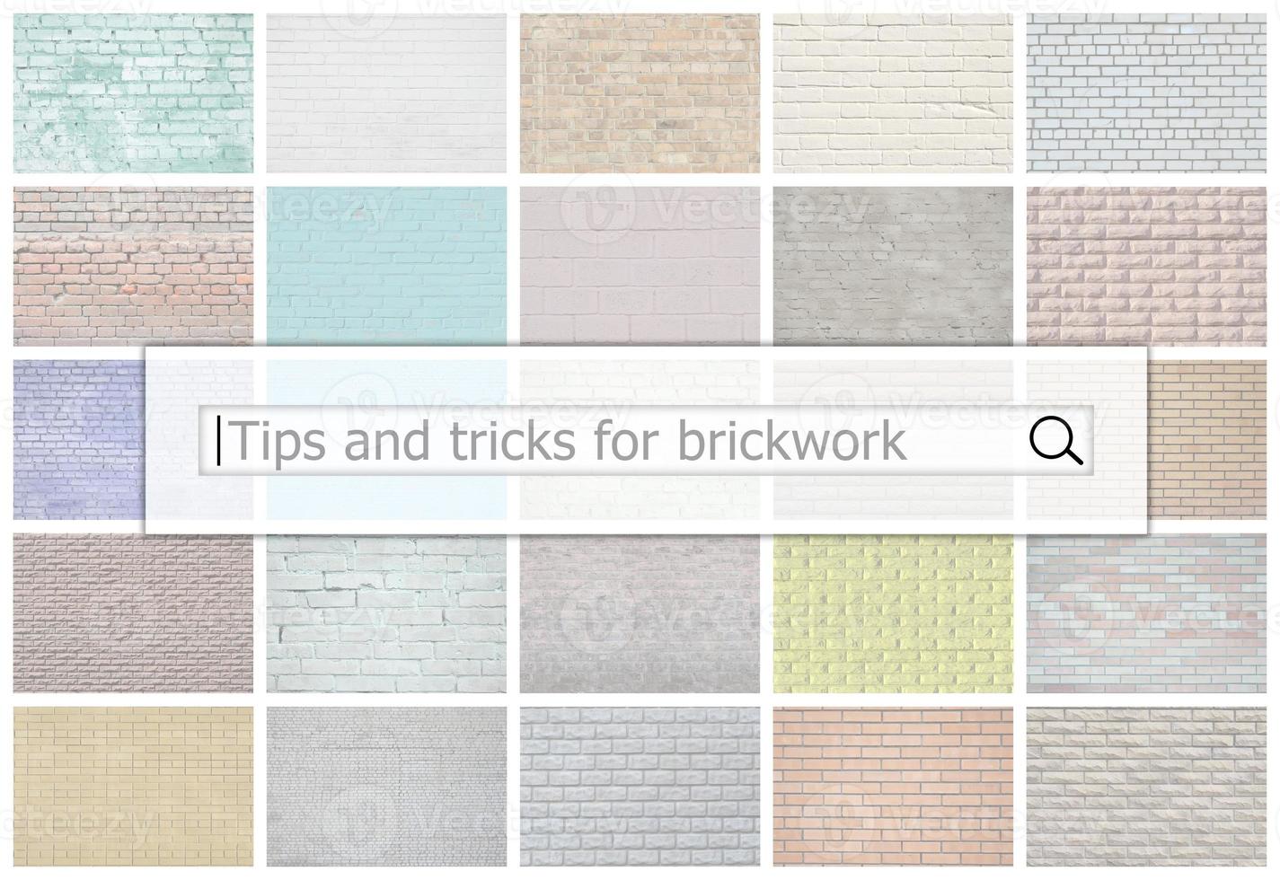 Visualization of the search bar on the background of a collage of many pictures with fragments of brick walls of different colors close up. Tips and tricks for brickwork photo