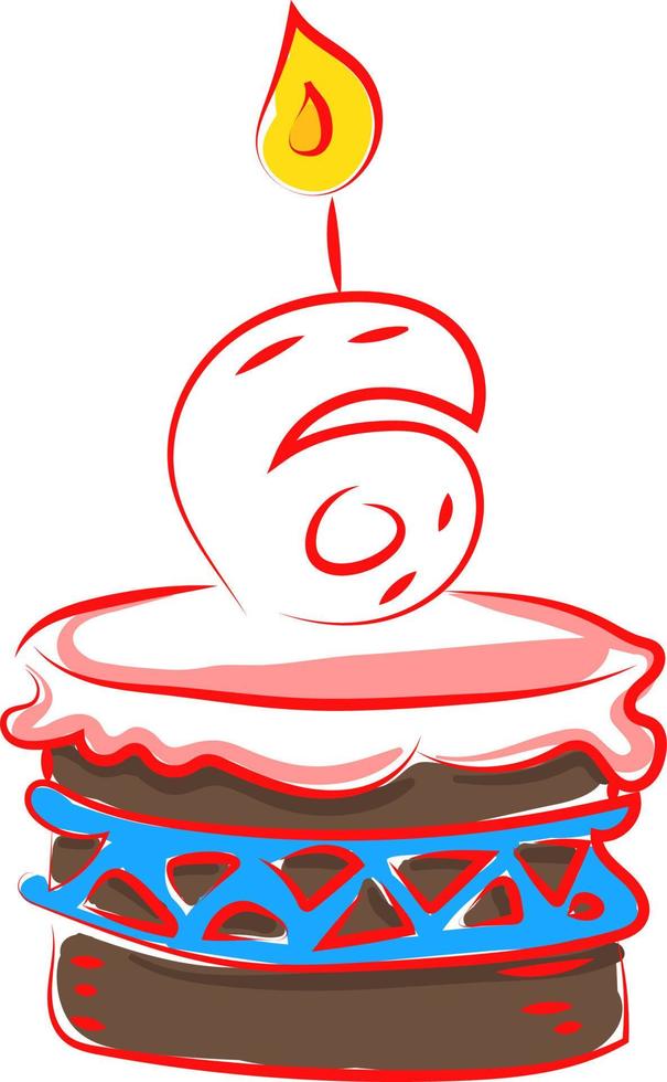 Birthday cake with number six, illustration, vector on white background.