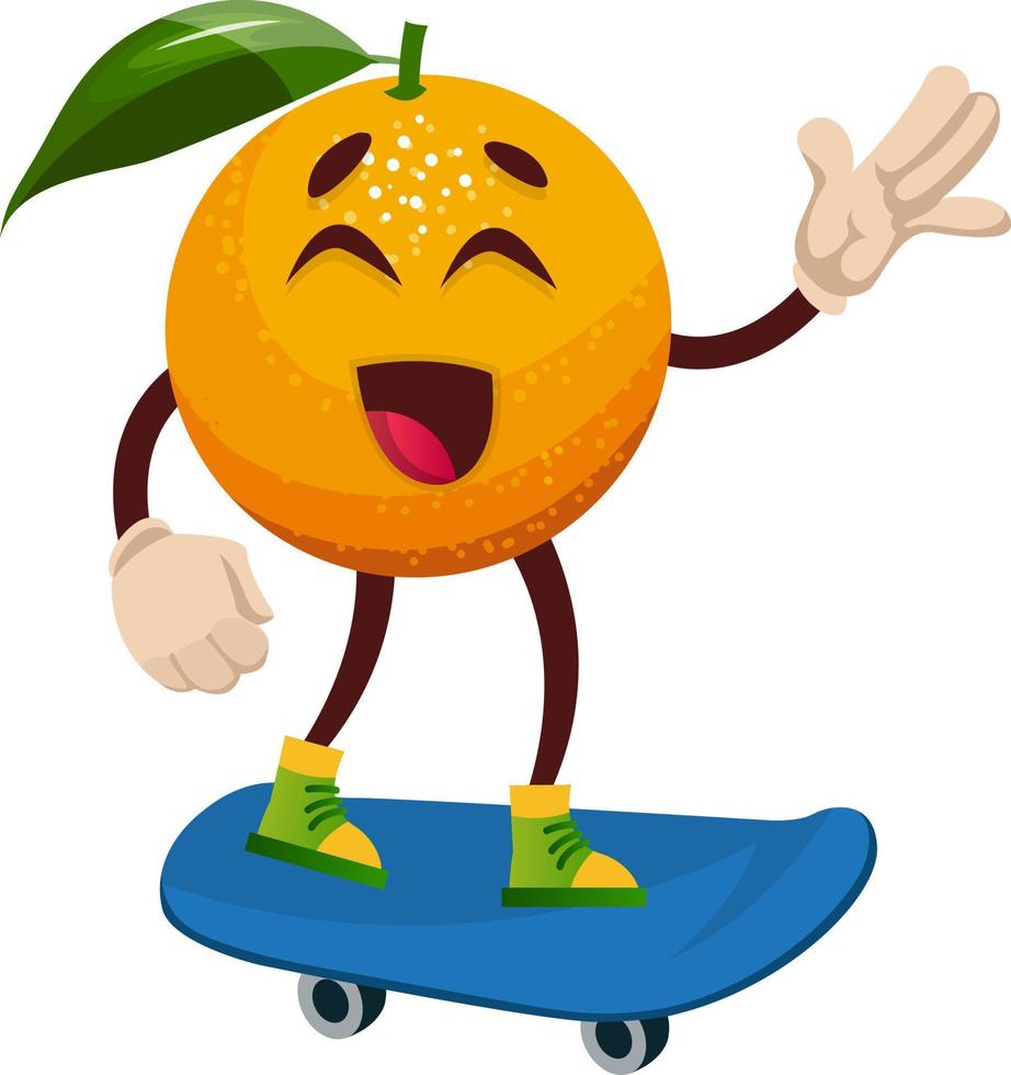 Orange on skateboard, illustration, vector on white background.