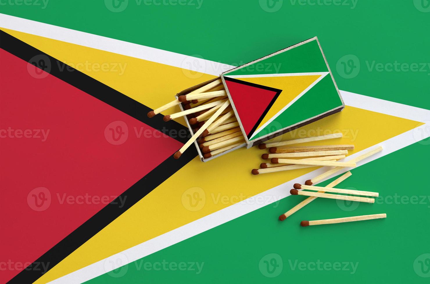 Guyana flag is shown on an open matchbox, from which several matches fall and lies on a large flag photo