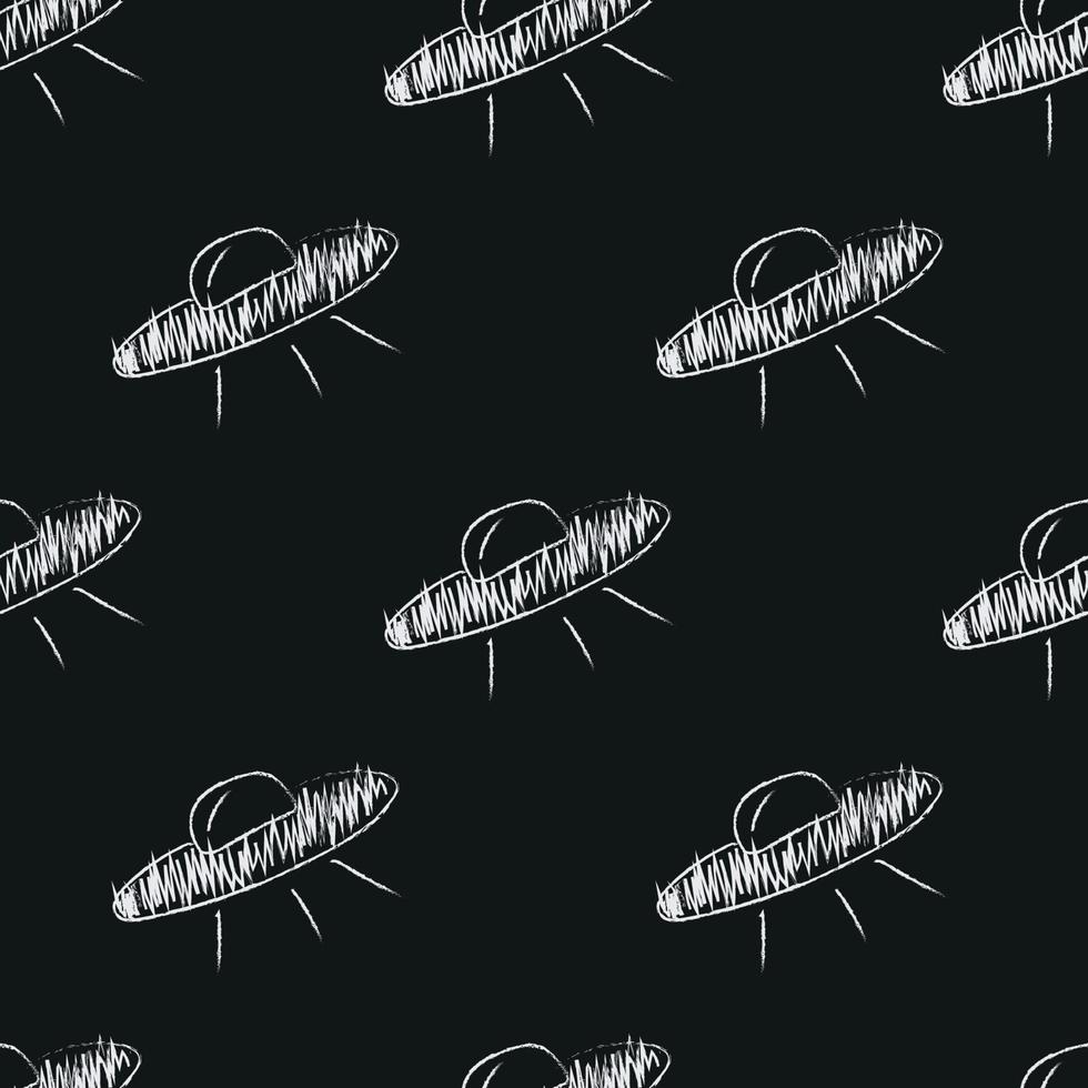Doodle space seamless pattern in childish style. Hand drawn abstract ufo. Black and white. vector