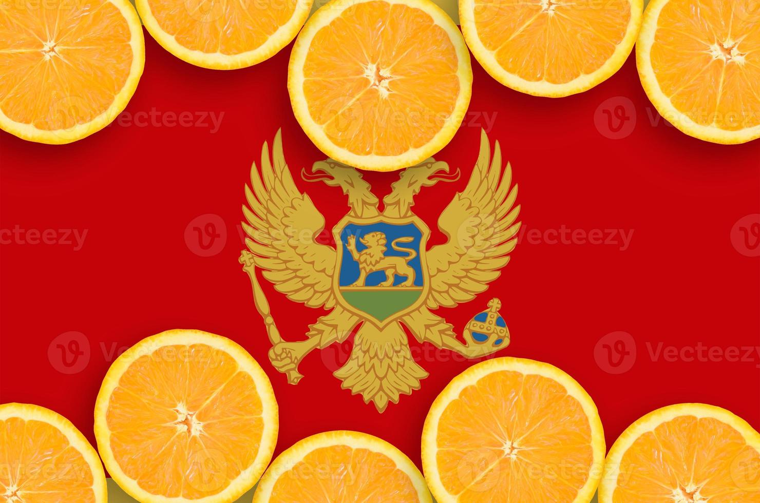 Montenegro flag in citrus fruit slices horizontal frame photo