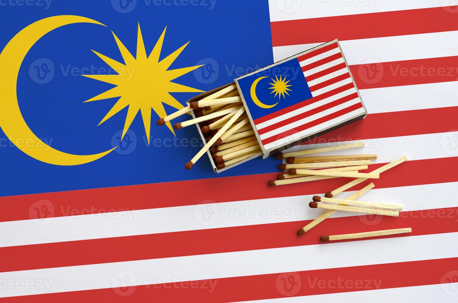 Malaysia flag is shown on an open matchbox, from which several matches fall and lies on a large flag photo